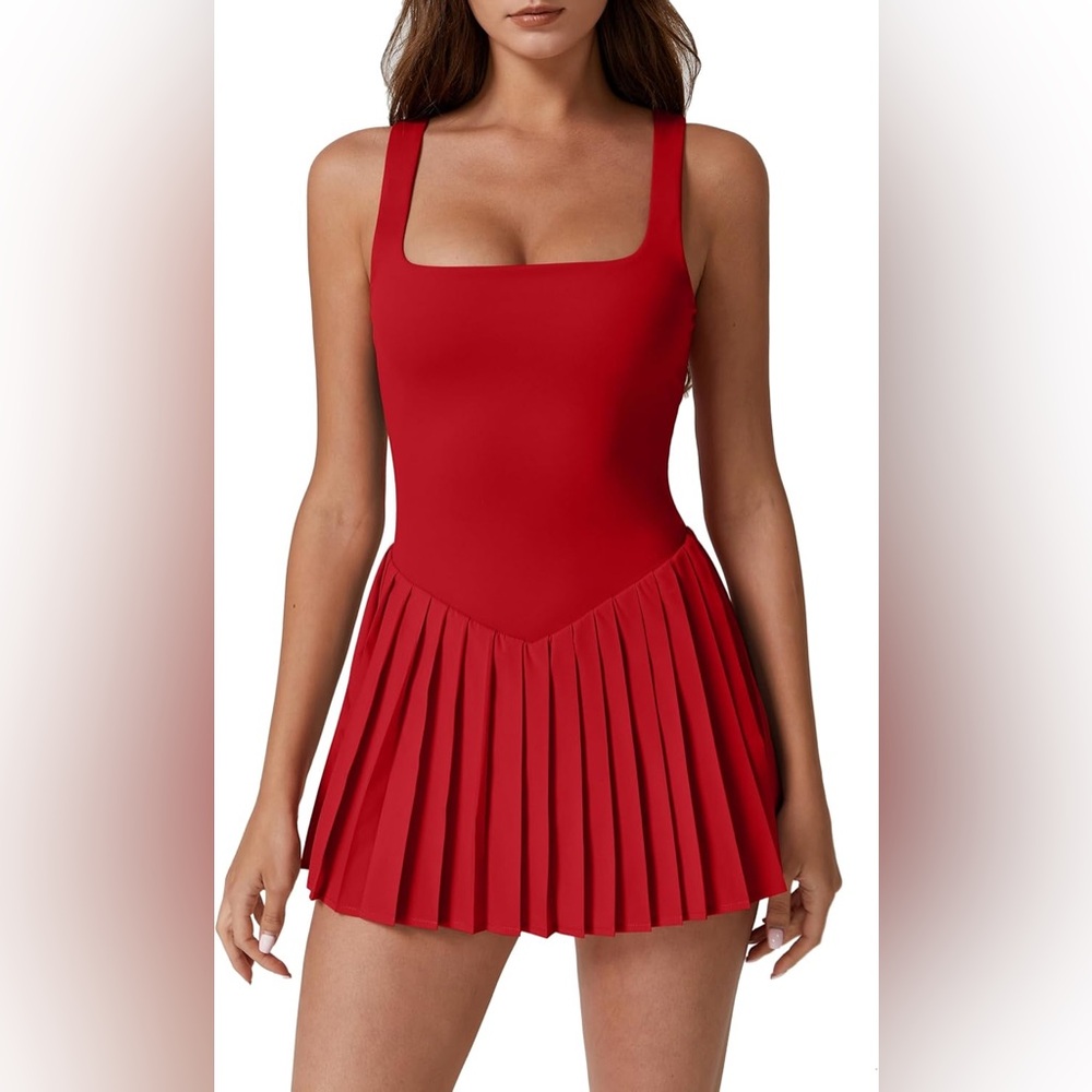QINSEN Womens Square Neck Tennis Dress Pleated Sleeveless Built in Shorts NWT L